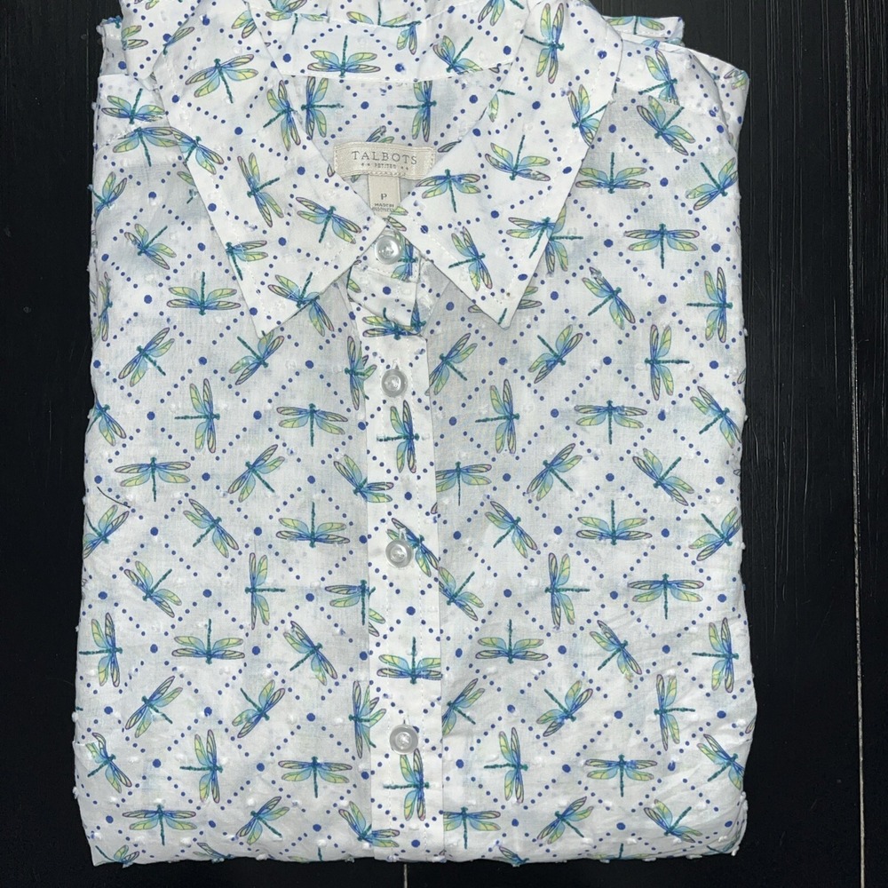 Talbots Classic Cotton Button-Down Shirt Womens‎ Petites P Dragonfly Long Sleeve